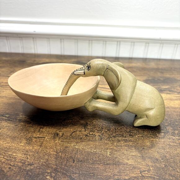 Hand Carved Elephant Drinking Trinket Dish Bowl Jacaranda Wood Sculpture Decor - Picture 3 of 11